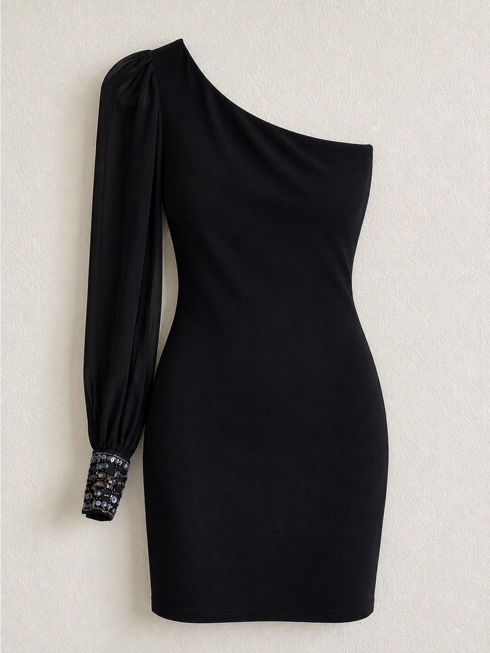 Jane Norman one shoulder black mini dress with sheer sleeves